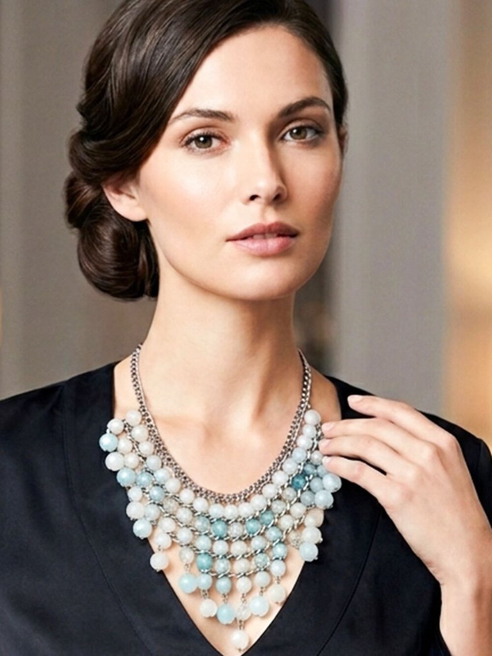 Statement Beaded Bib Necklace Silver Tone Aqua Clear Dangle Fringe